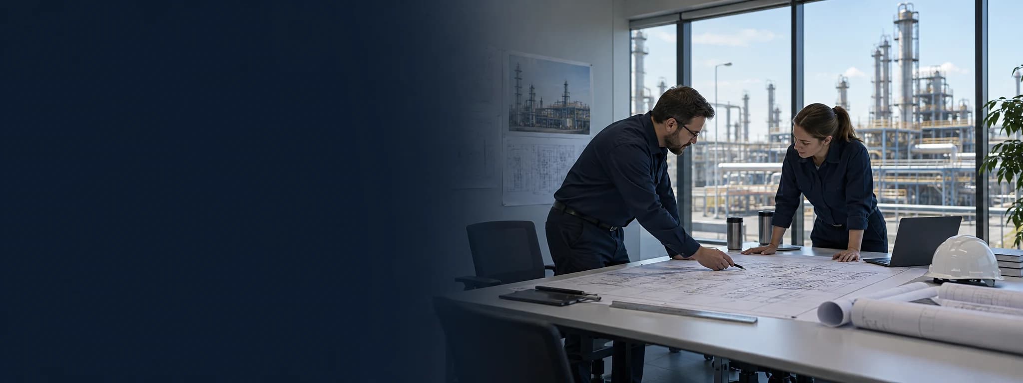 Illustration: Ingenieure bei der Prüfung von Projektzeichnungen mit Blick auf eine Prozessanlage