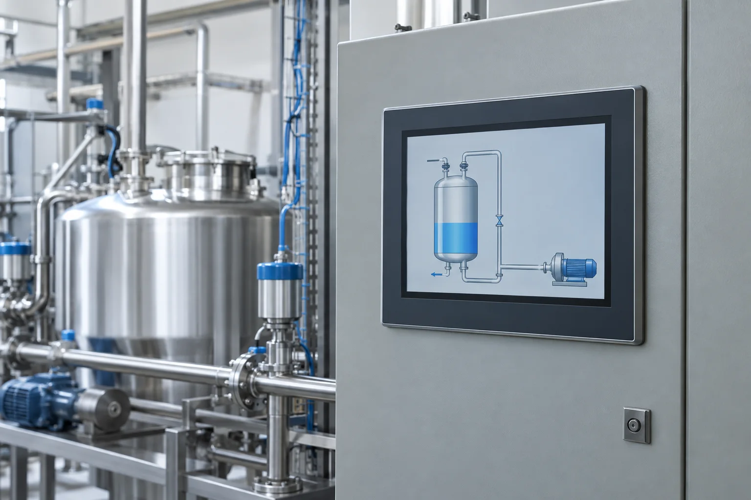 Illustrative operator panel beside a process line
