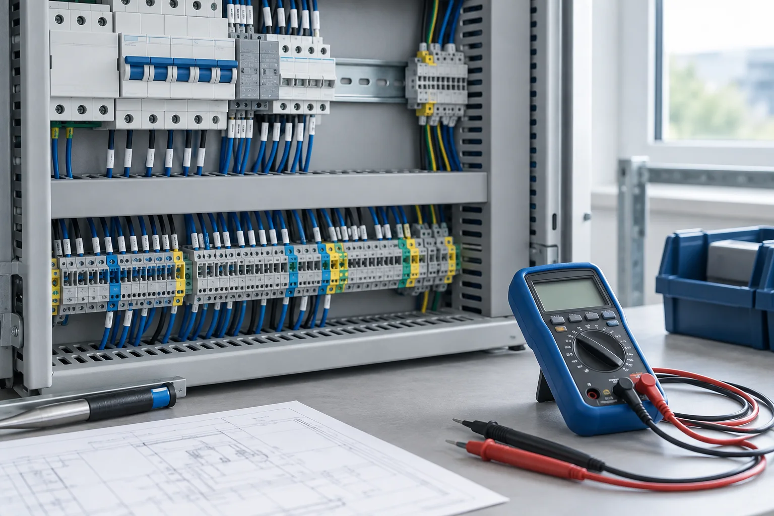 Illustration: Schaltschrank und elektrische Prüfgeräte