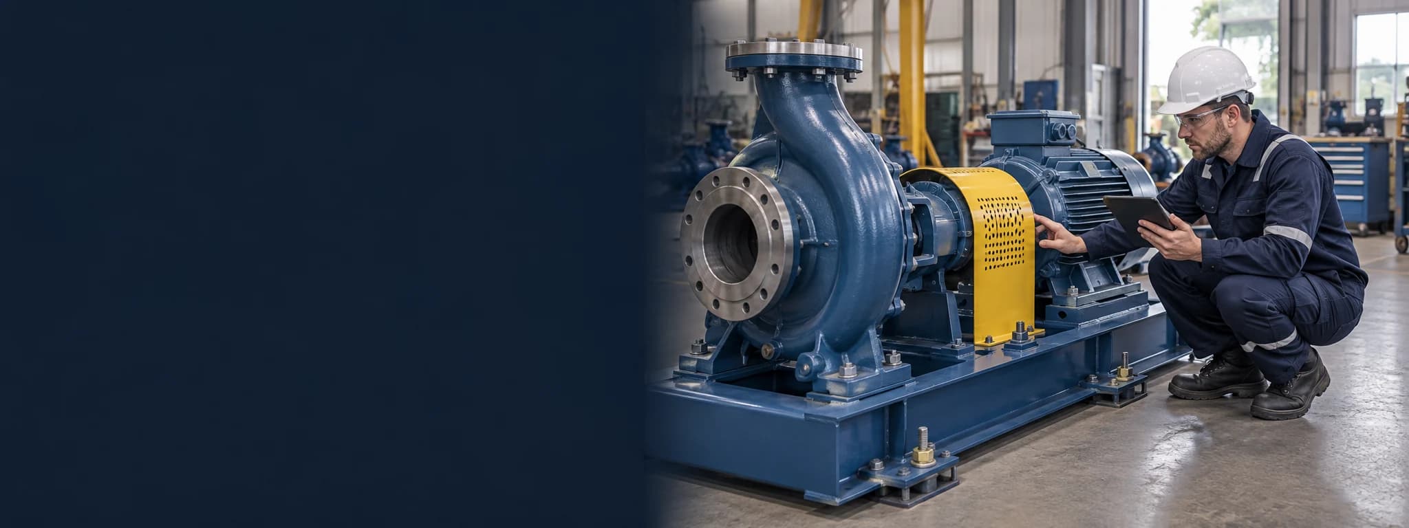 Illustration: Inspektor bei der Zustandsdokumentation eines industriellen Pumpen- und Motormoduls
